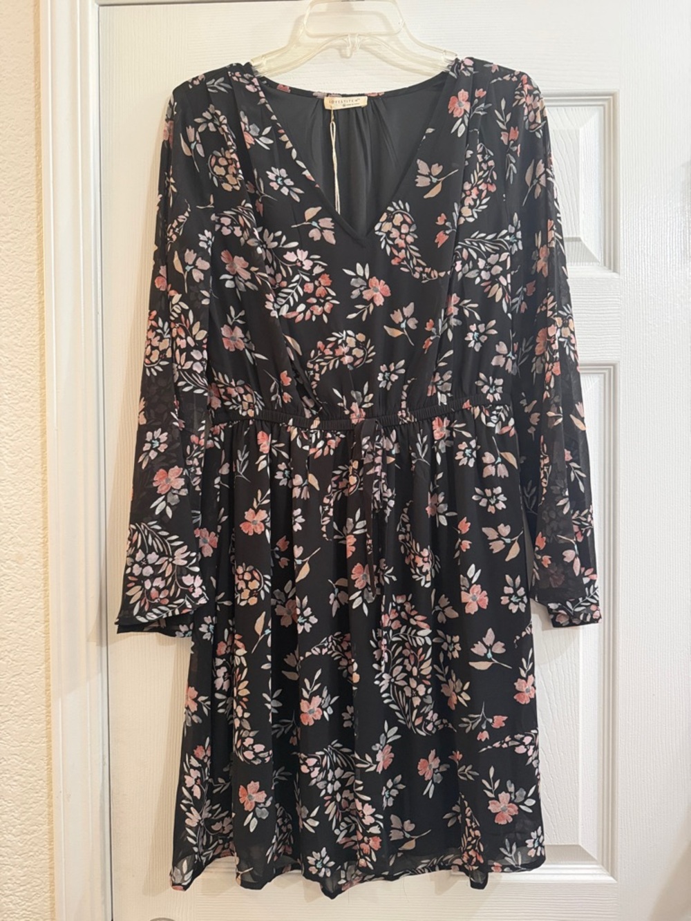 lovestitch Black Floral V-Neck Long Sleeve Dress with Pink Flowers